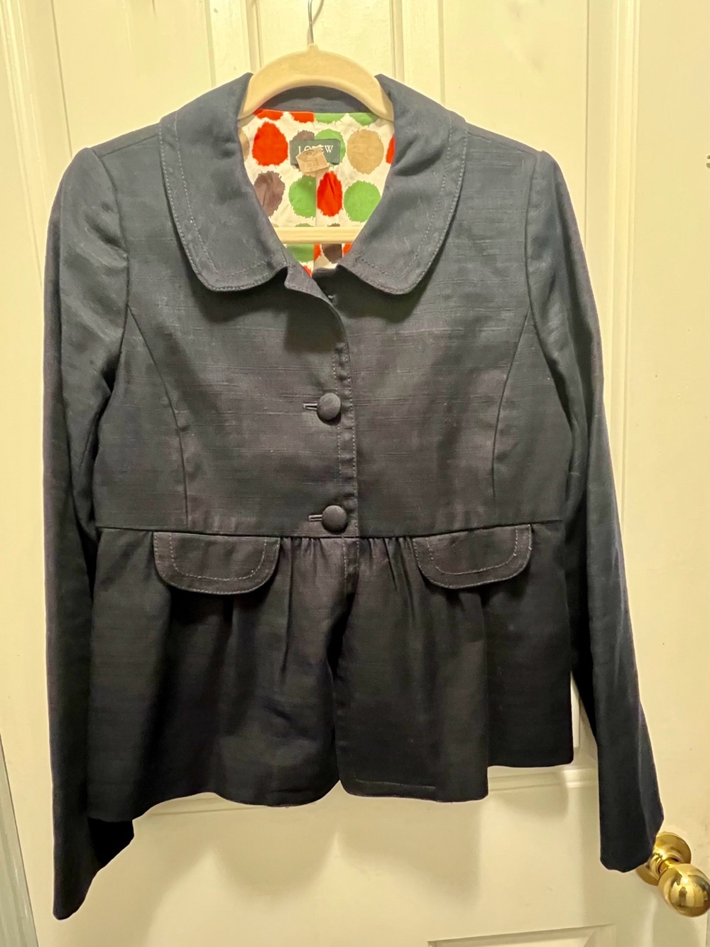 J. Crew Navy Peplum Blazer with Polka Dot Lining